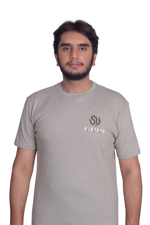 Casual Grey Cotton Crew Neck T-Shirt with Chest Graphic
