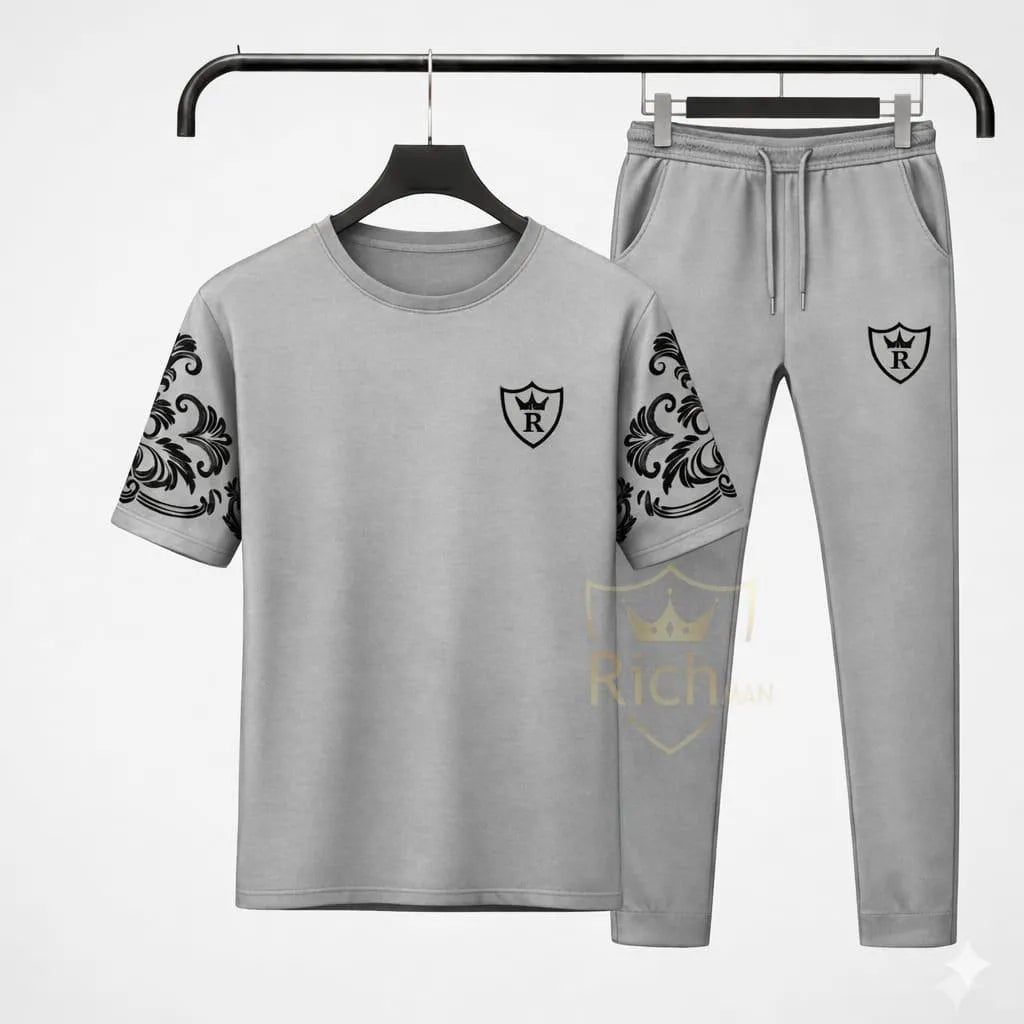 Men Grey Printed Sleeve Track Suit Set Summer Cotton Slim Fit