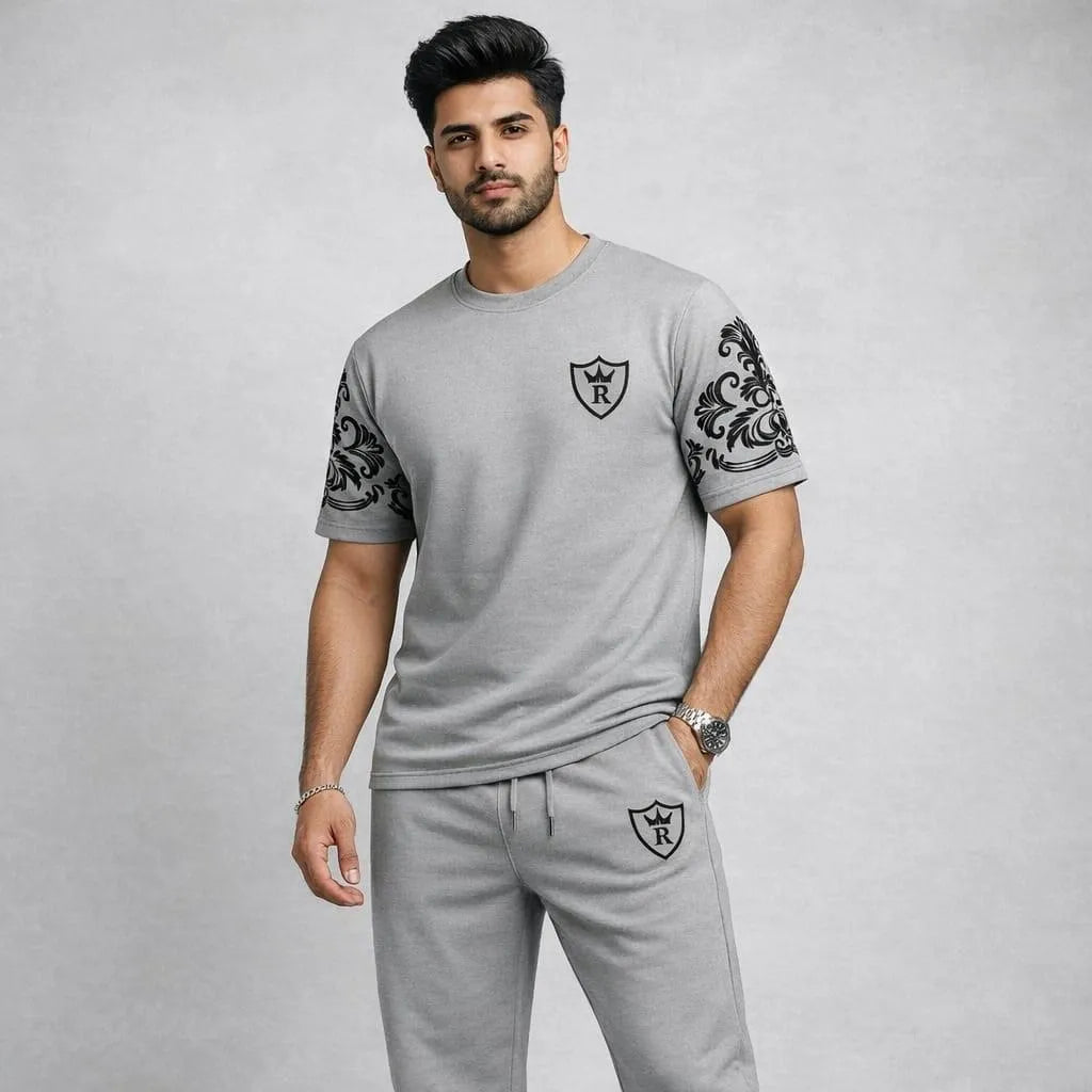 Men Grey Printed Sleeve Track Suit Set Summer Cotton Slim Fit