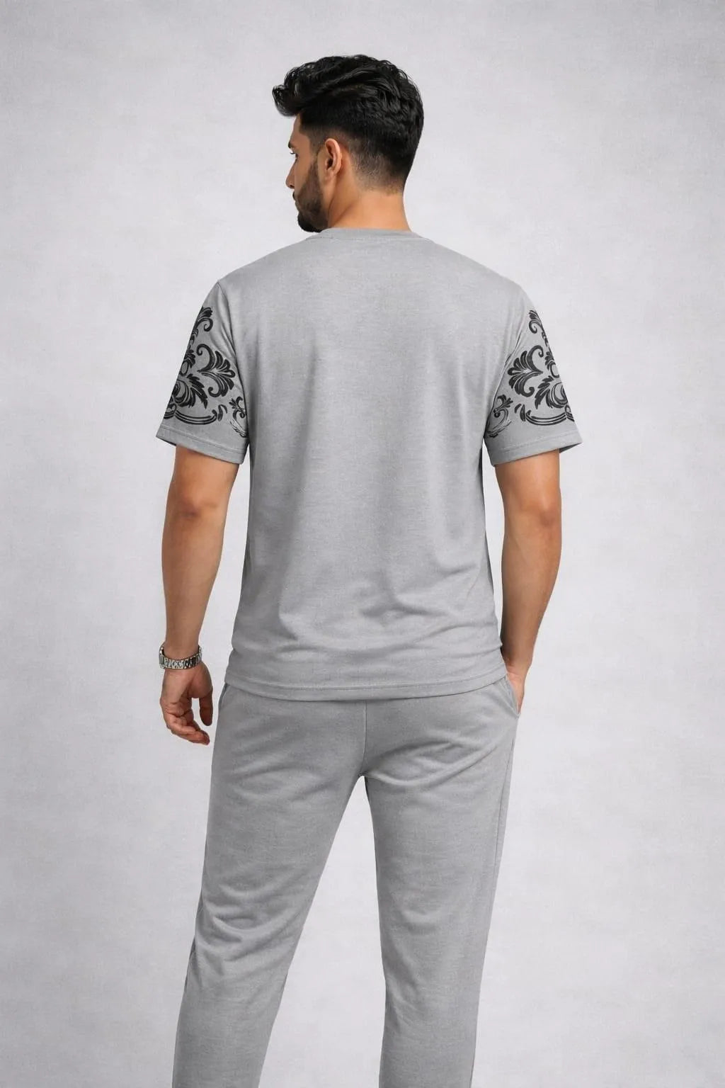 Men Grey Printed Sleeve Track Suit Set Summer Cotton Slim Fit