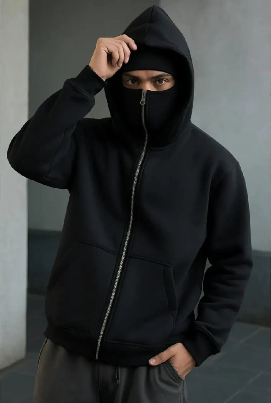 Men Black Fleece Balaclava Hoodie