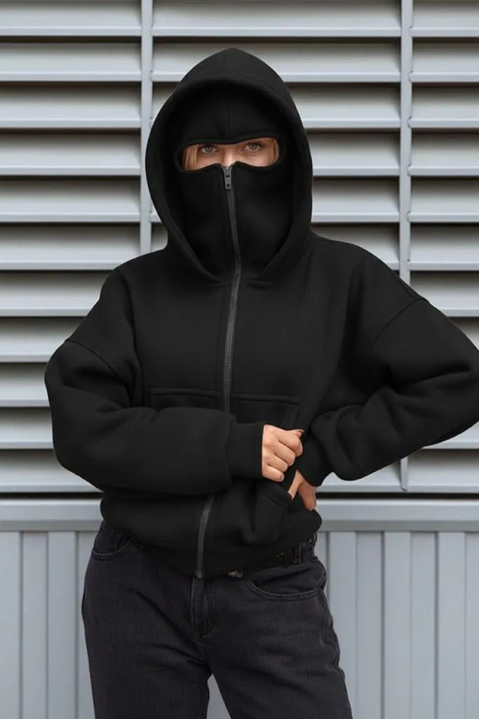 Men Black Fleece Balaclava Hoodie