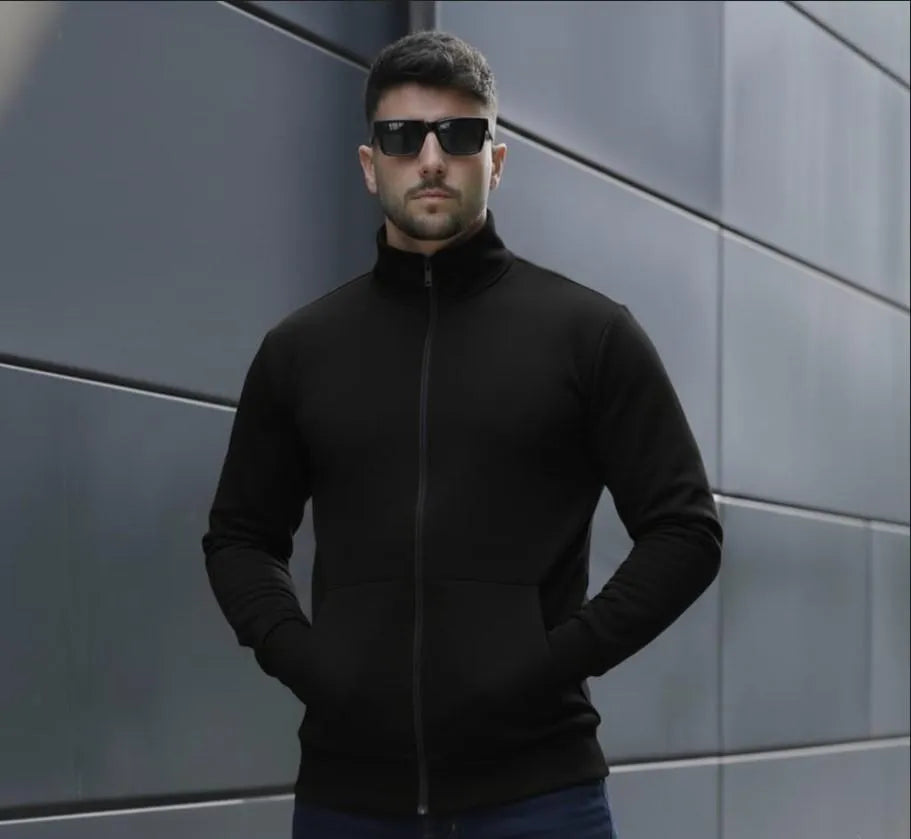 Men's Black Fleece Jacket with Ban Collar Winter Wear