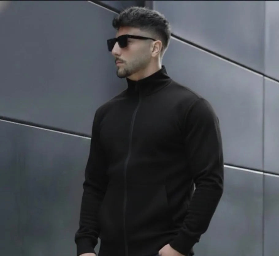 Men's Black Fleece Jacket with Ban Collar Winter Wear