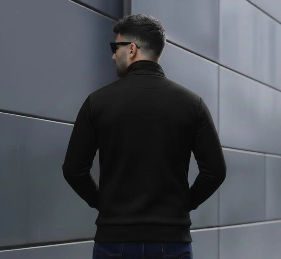 Men's Black Fleece Jacket with Ban Collar Winter Wear