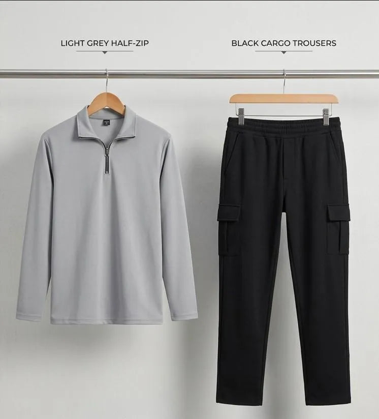Men Dri Fit Polo Track Suit Grey Black Cargo Trousers Set