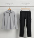 Men Dri Fit Polo Track Suit Grey Black Cargo Trousers Set