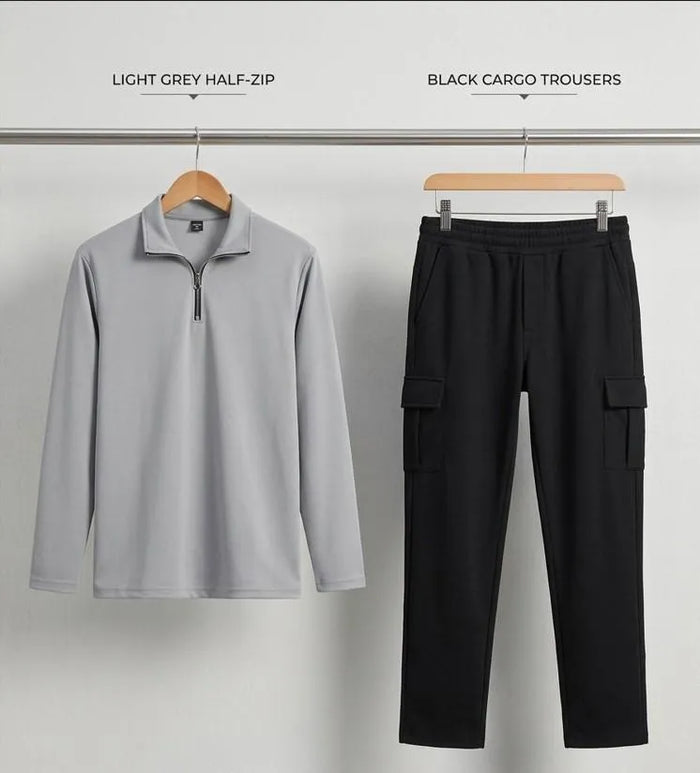Men Dri Fit Polo Track Suit Grey Black Cargo Trousers Set