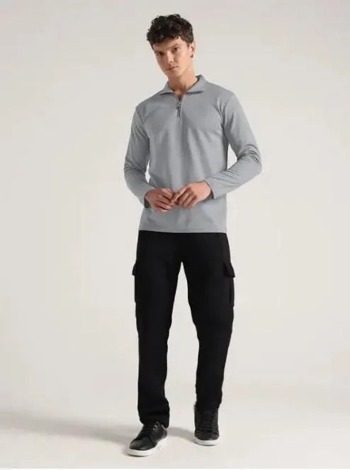 Men Dri Fit Polo Track Suit Grey Black Cargo Trousers Set