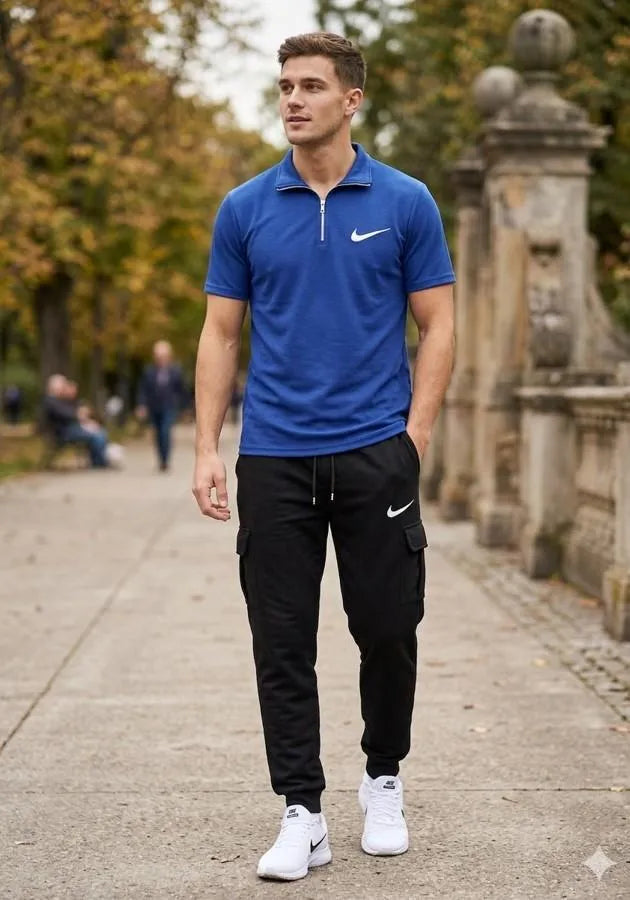 Men Blue Polo Track Suit with Black Pants & White Sneakers