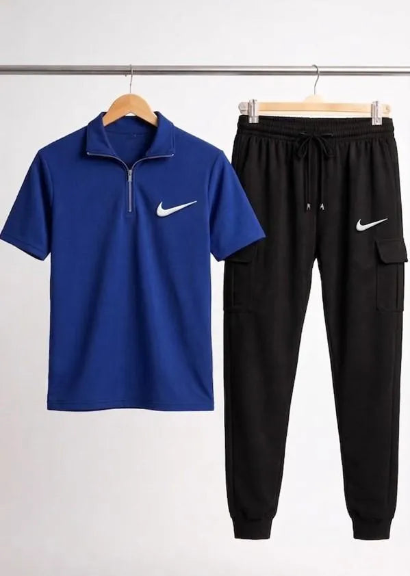 Men Blue Polo Track Suit with Black Pants & White Sneakers