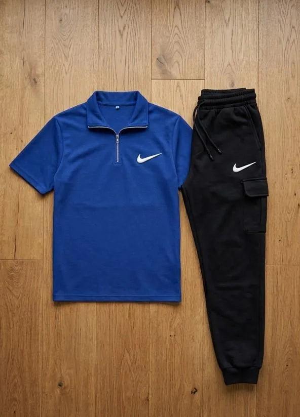 Men Blue Polo Track Suit with Black Pants & White Sneakers