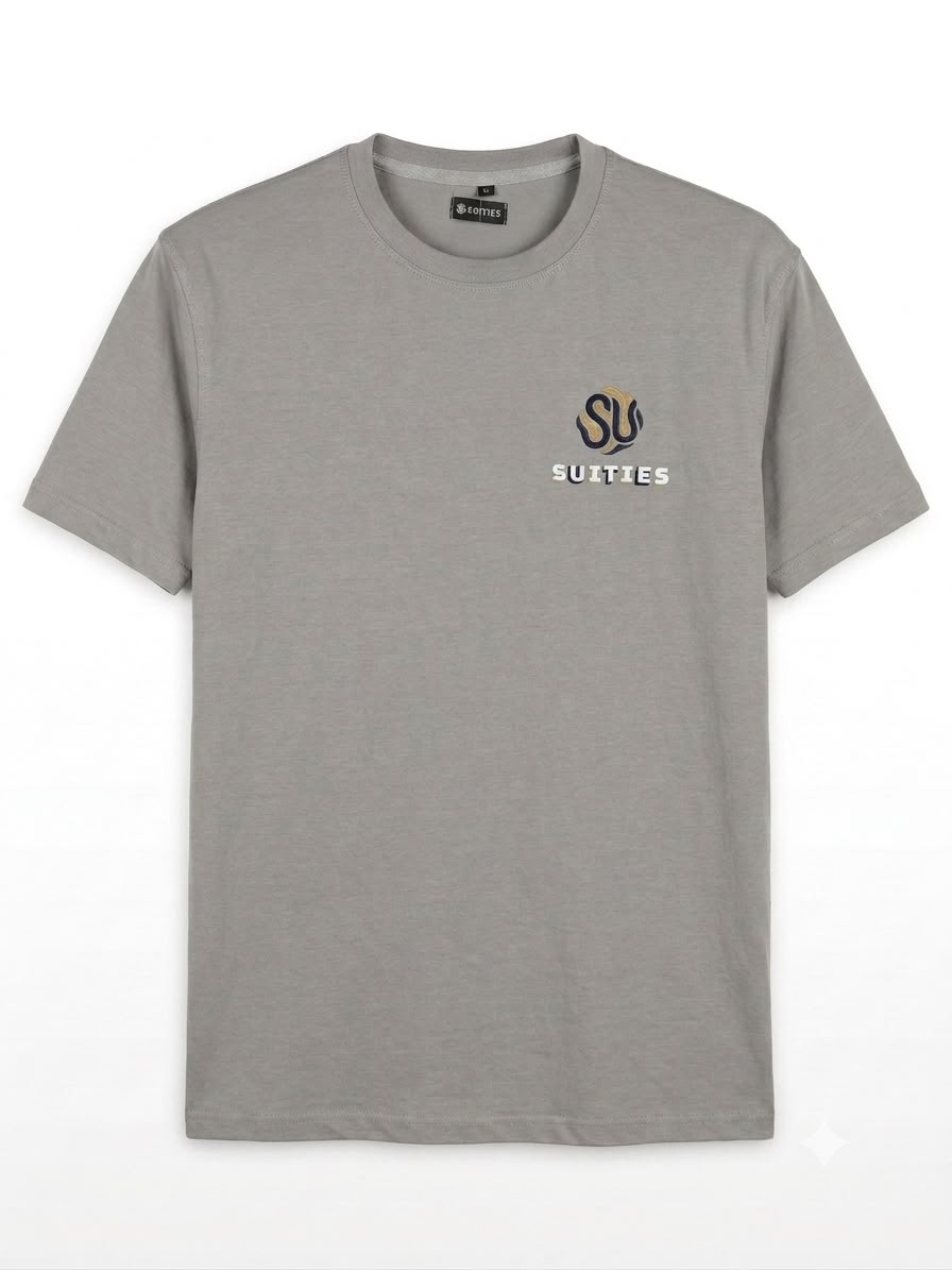 Casual Grey Cotton Crew Neck T-Shirt with Chest Graphic
