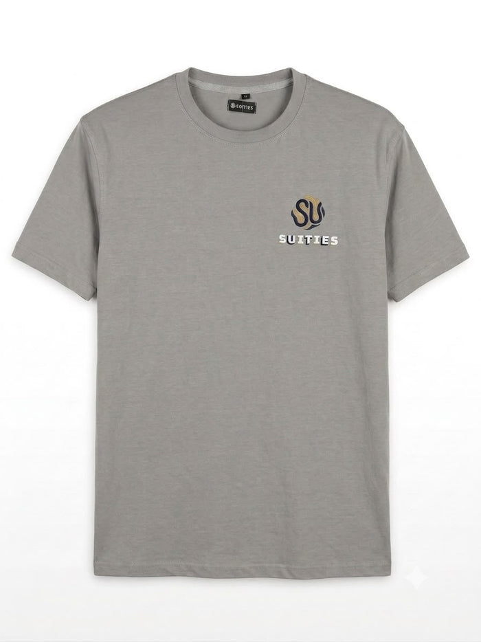 Casual Grey Cotton Crew Neck T-Shirt with Chest Graphic