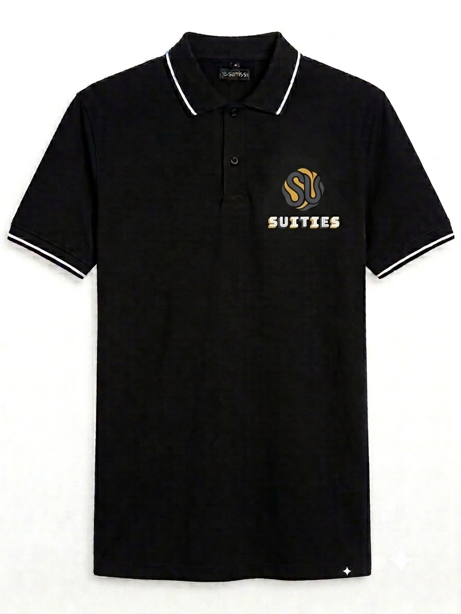Casual Black Tipped Cotton Polo Shirt with Chest Logo