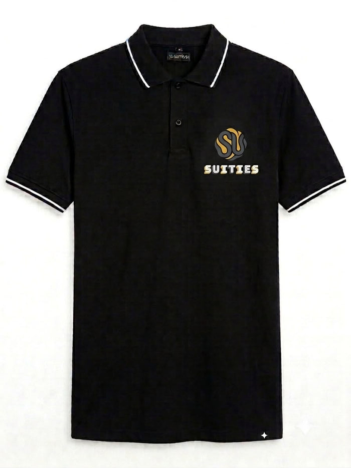 Casual Black Tipped Cotton Polo Shirt with Chest Logo