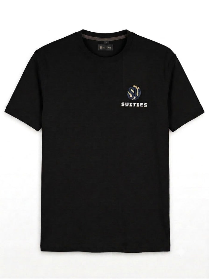 Casual Classic Black Cotton Crew Neck T-Shirt with Chest Graphic