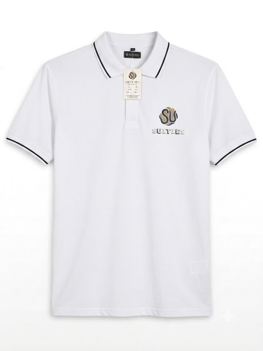 Casual White Tipped Cotton Polo Shirt with Chest Logo