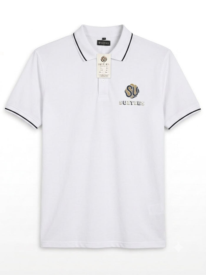 Casual White Tipped Cotton Polo Shirt with Chest Logo