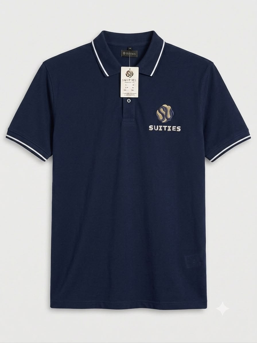 Casual Navy Tipped Cotton Polo Shirt with Chest Logo