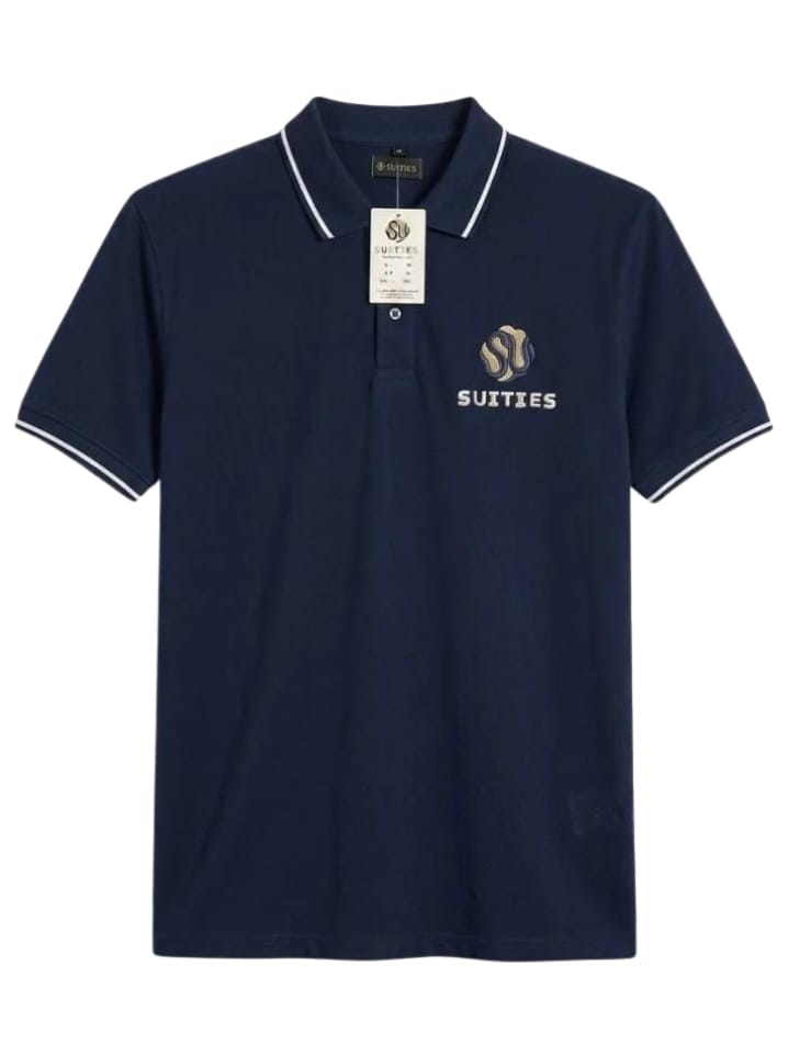 Casual Navy Tipped Cotton Polo Shirt with Chest Logo