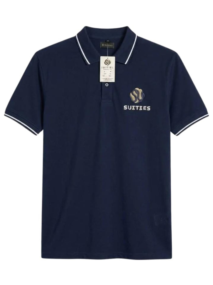 Casual Navy Tipped Cotton Polo Shirt with Chest Logo